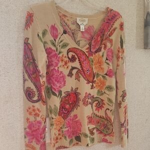 Talbots Beige V-Neck Long Sleeve Sweater with Pink & Orange Floral Paisley